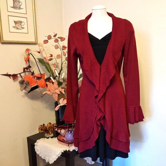 NWT Woman's Simon Chang Wine Burgundy Cardigan Coat Knit Long Outerwear - Picture 7 of 11